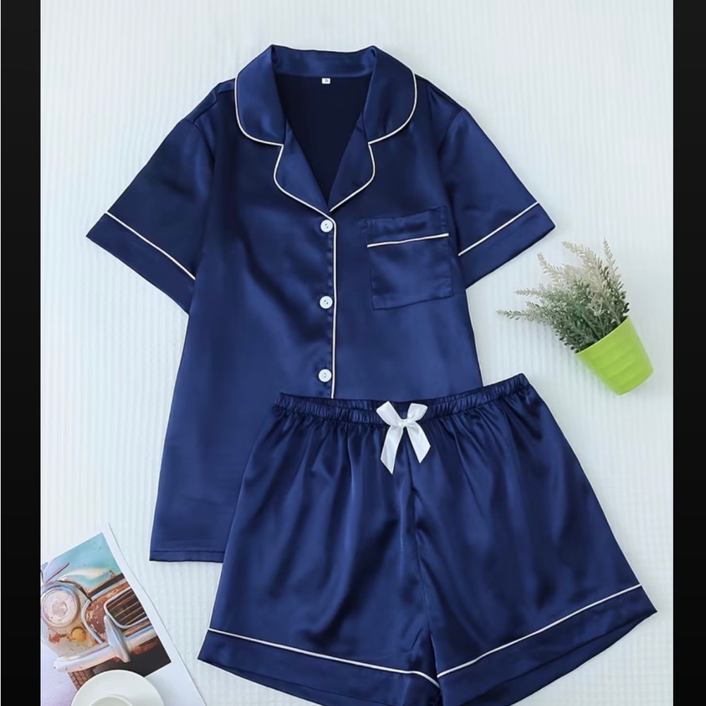 Midnight Blue Satin Pajama Set